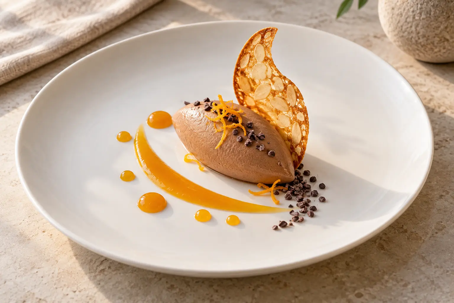 Vegan chestnut-espresso mousse with orange gel, almond tuile, cacao nibs and fine orange zest on a white coupe plate
