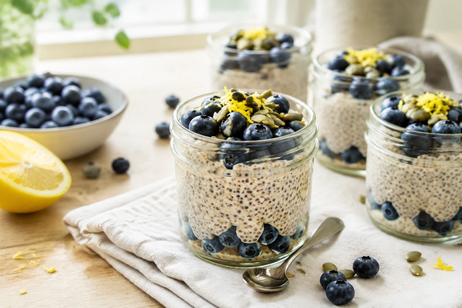 Creamy lemon blueberry chia pudding in glass breakfast jars topped with fresh blueberries, pumpkin seeds and lemon zest