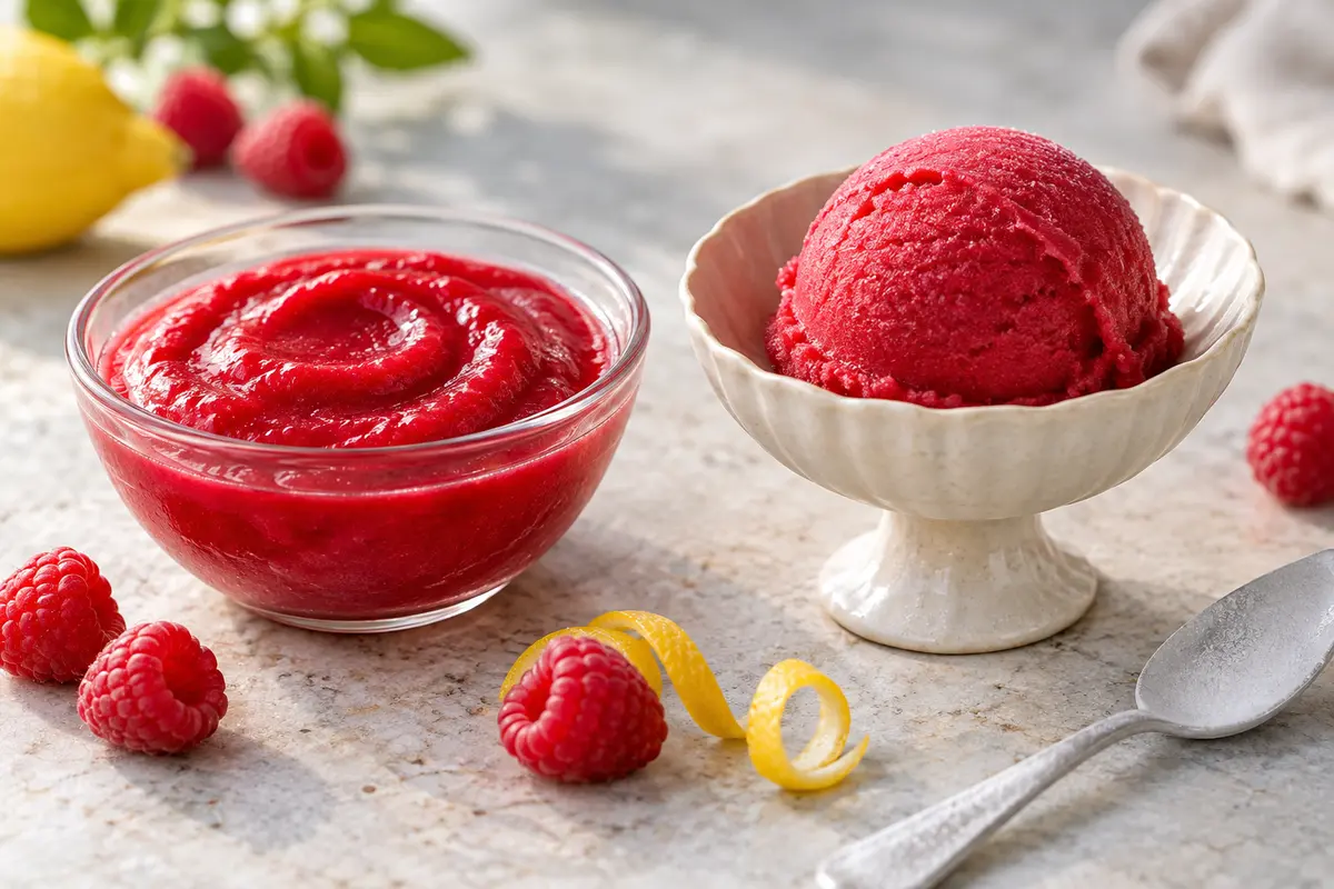 Raspberry citrus sorbet shown as a glossy unfrozen base beside a finished frozen scoop on a pale stone counter