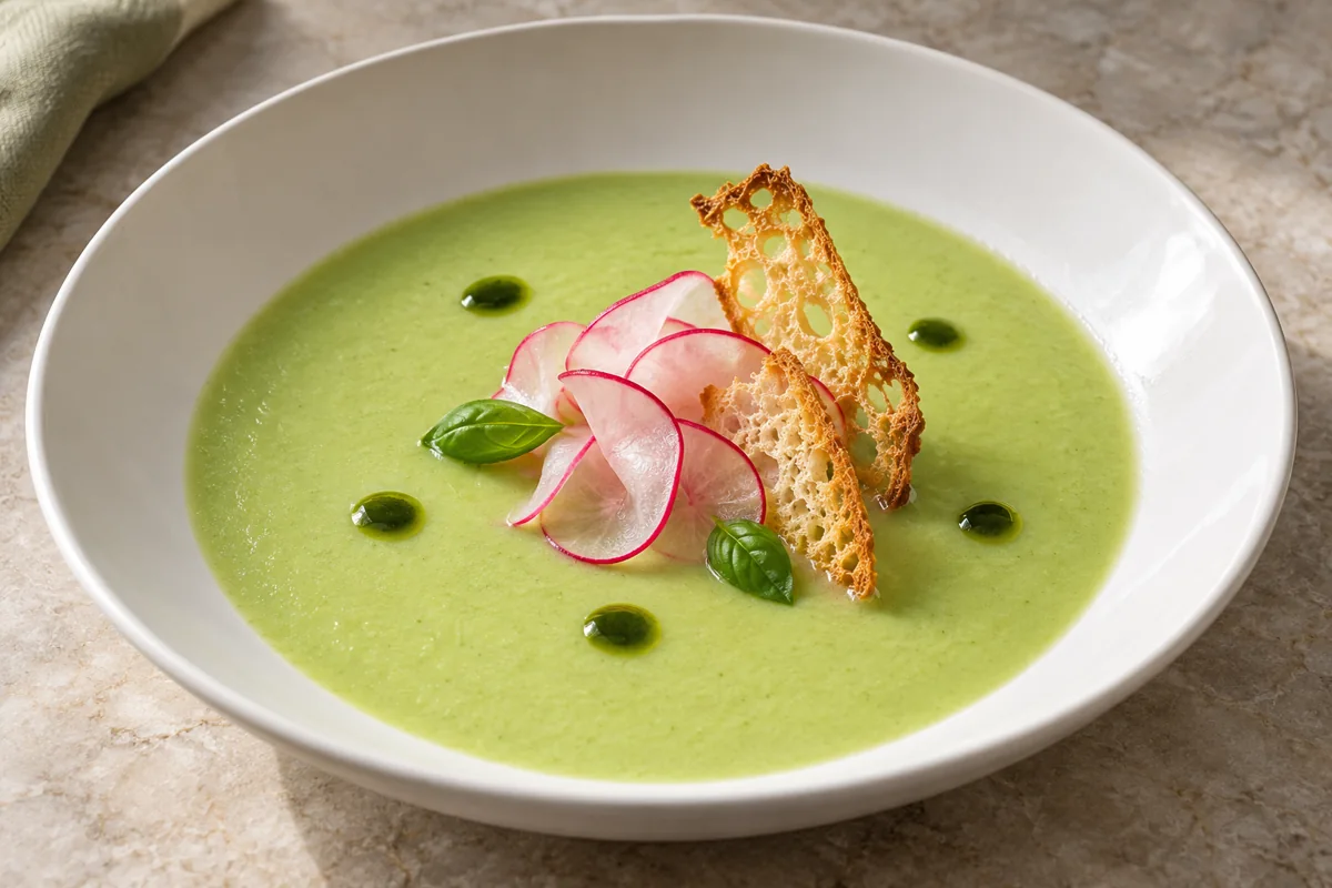Chilled cucumber-avocado soup in a white bowl with pink-edged pickled radish petals, basil oil and golden sourdough crisps.