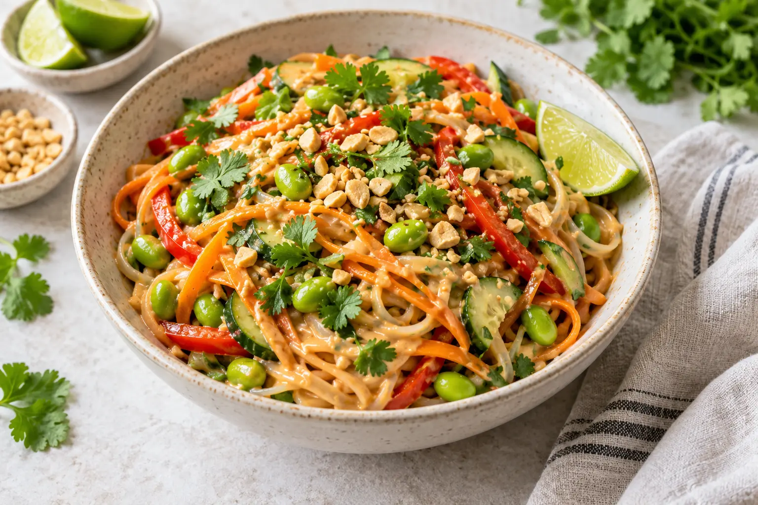 Vegan peanut-lime rice noodle bowl with edamame, carrot, red pepper, cucumber, cilantro and chopped peanuts