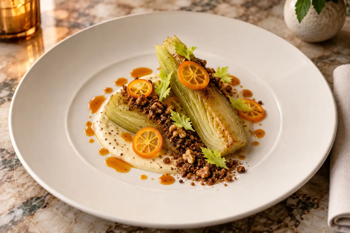Cider-braised celery hearts over mustard velouté with pickled kumquat, rye-walnut crumble and celery leaves