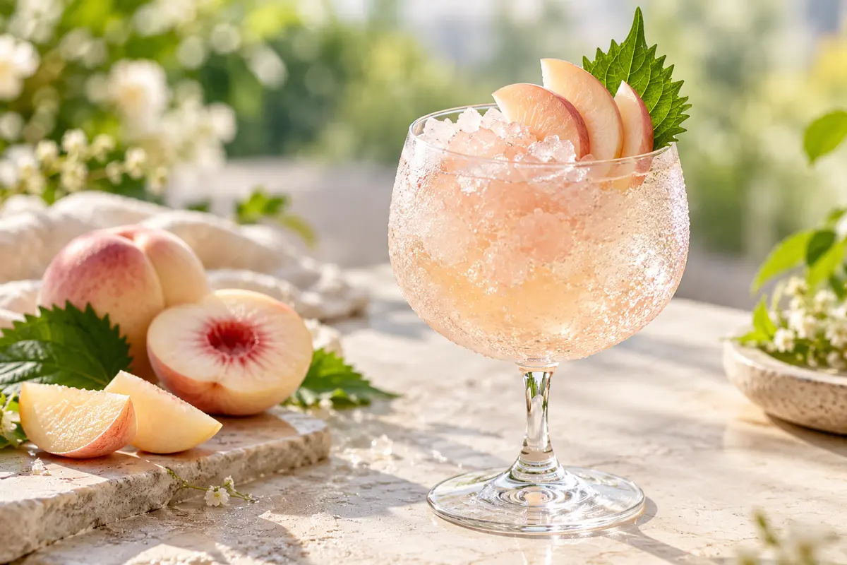 Pale blush white peach and shiso granita fizz in a chilled stemmed goblet with peach fan and green shiso garnish