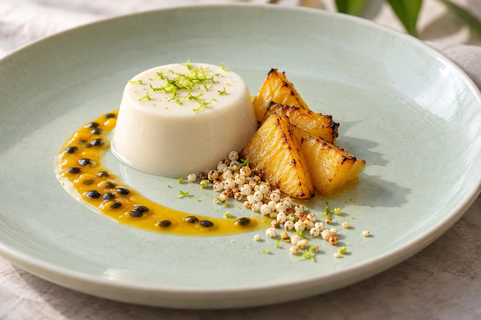 Coconut-lime panna cotta on a pale celadon plate with golden roasted pineapple, passion fruit sauce, toasted puffed rice and lime zest.