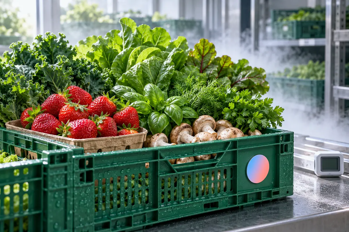 Fresh strawberries, leafy greens, herbs and mushrooms in a chilled produce crate beside a colour-changing time-temperature indicator label