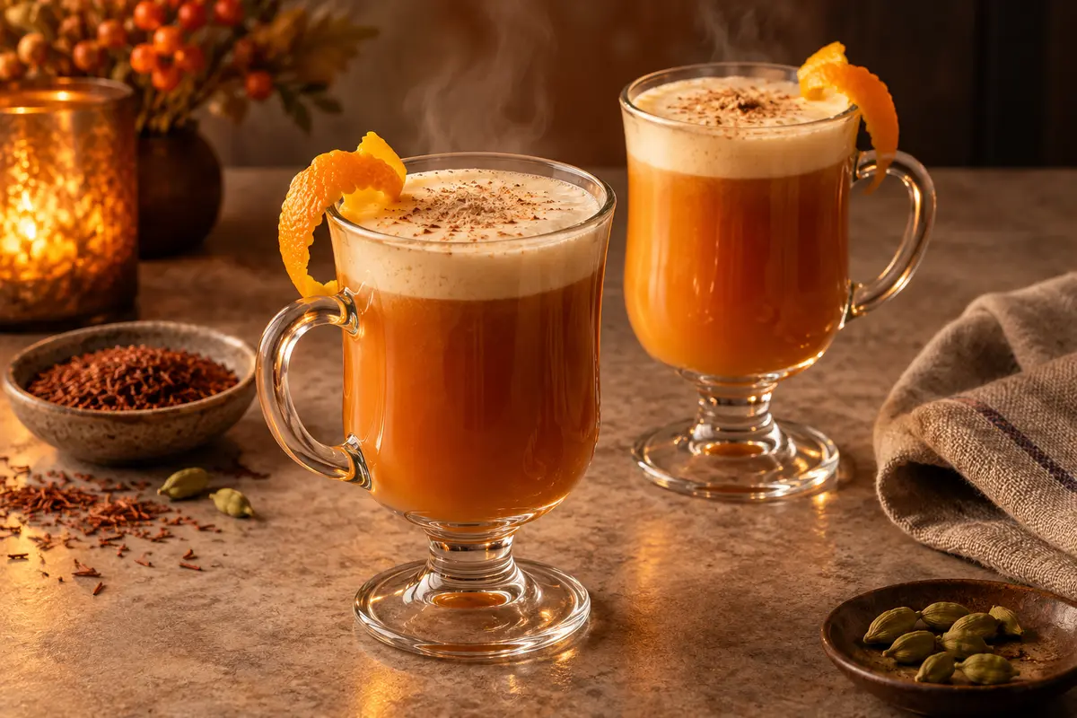 Two steaming copper-orange pumpkin rooibos mocktails with oat foam, orange-peel twists and nutmeg in footed glasses