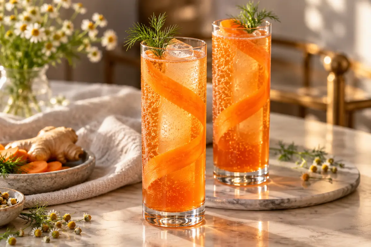 Two copper-orange carrot, chamomile and ginger mocktails sparkling over clear ice spears with curled carrot ribbons and dill garnishes