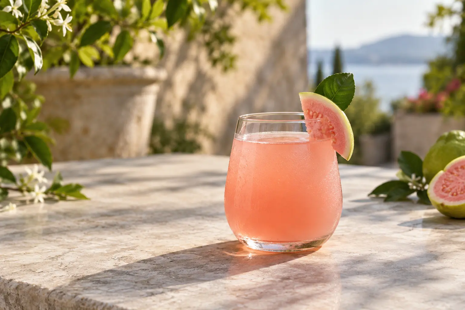 Coral pink guava and makrut lime alcohol-free pressé in a chilled stemless glass with fresh guava garnish