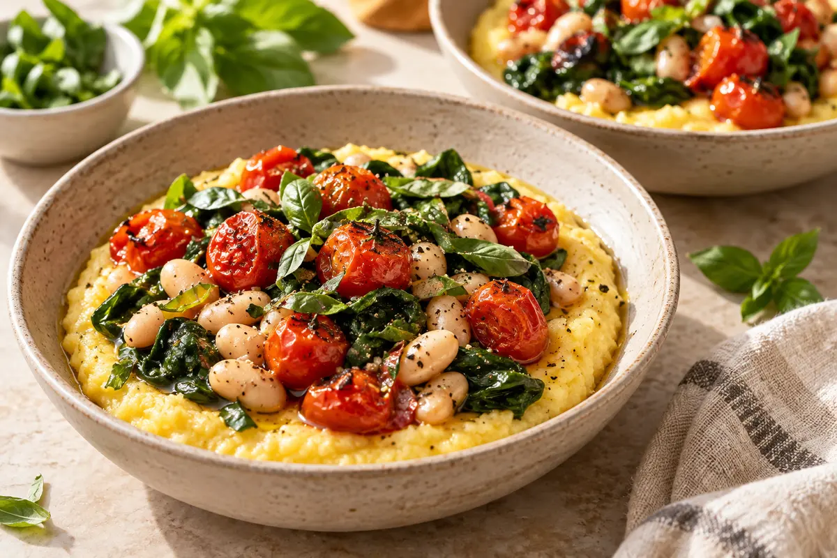 Creamy vegan polenta breakfast bowl topped with blistered cherry tomatoes, white beans, wilted spinach and fresh basil