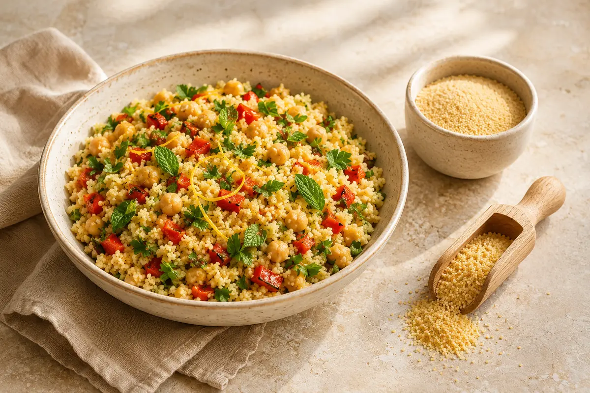 Fluffy vegan couscous with chickpeas, roasted peppers, herbs and lemon beside dry couscous and semolina.