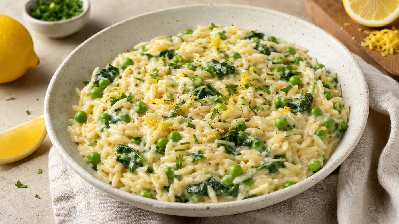 Creamy vegan lemon orzo with green peas and wilted spinach in a stoneware bowl, topped with lemon zest, parsley and black pepper.