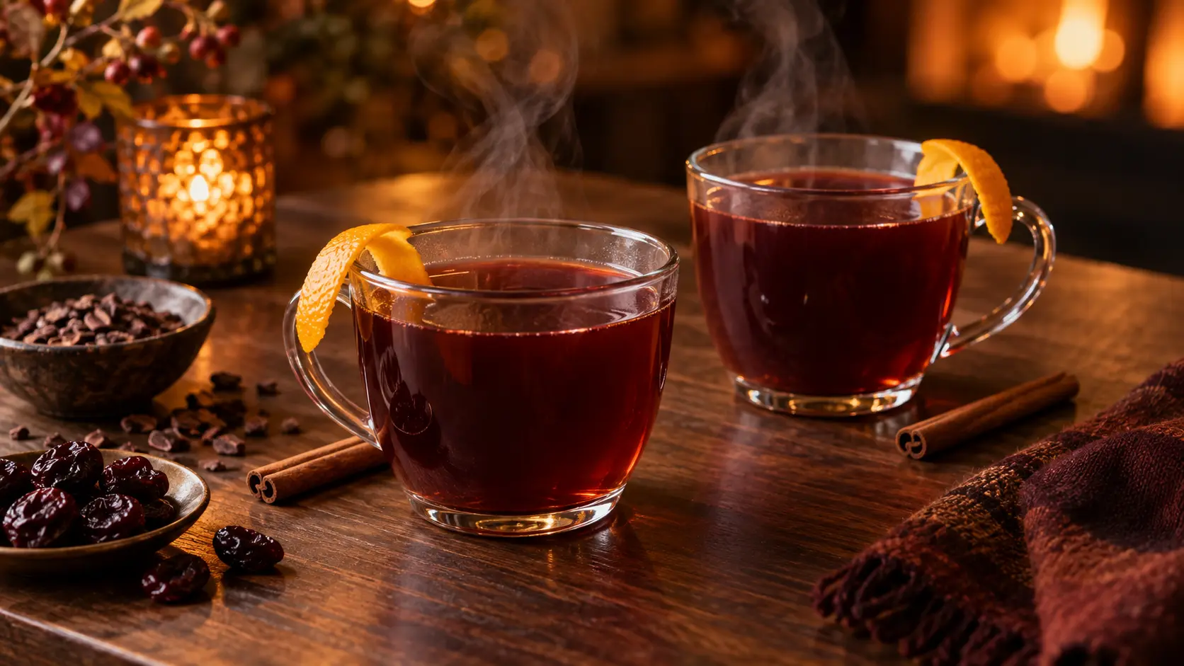 Two steaming glasses of deep ruby tart cherry and cacao mocktail with orange twists and cinnamon sticks