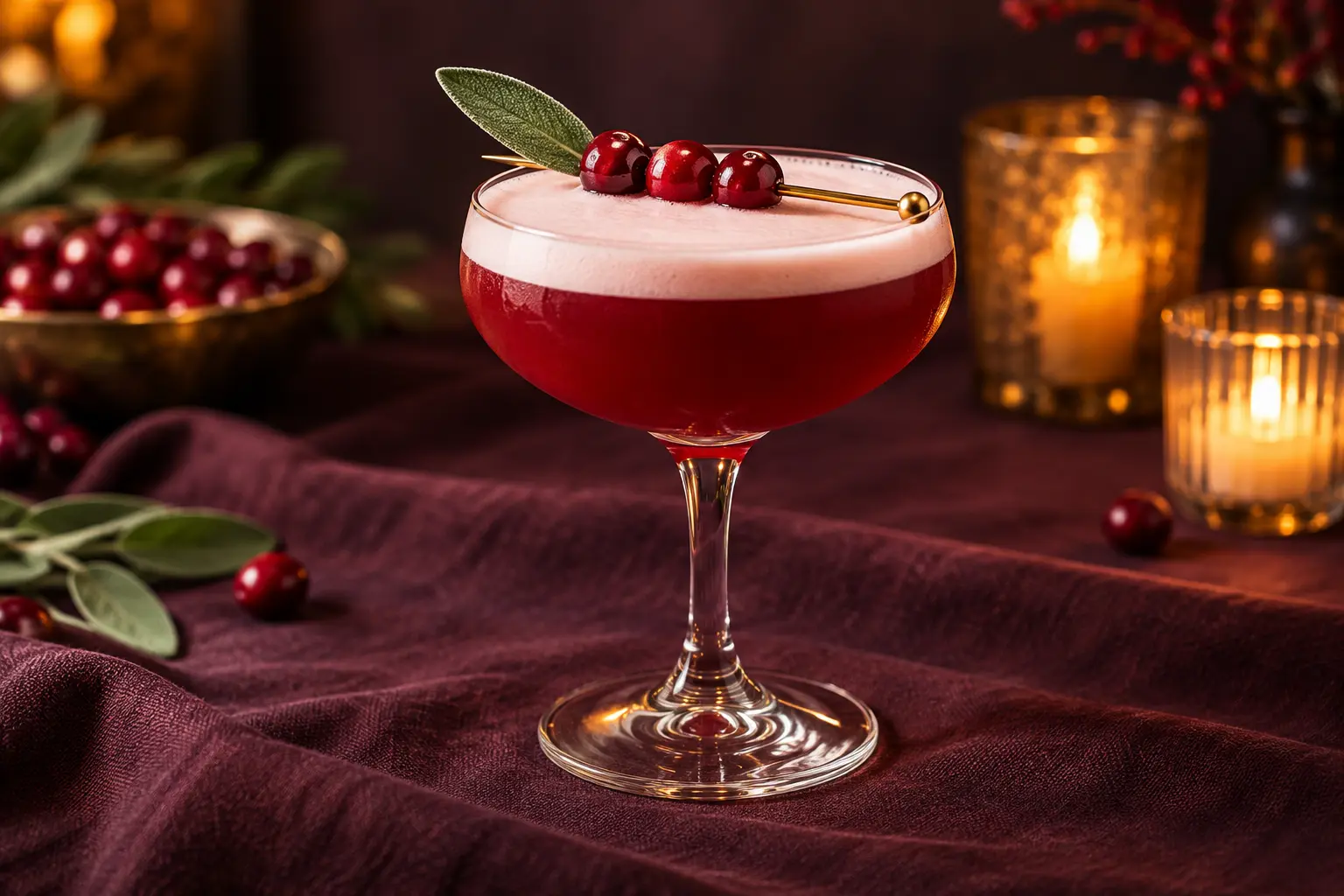 Jewel-red cranberry and sage aquafaba sour in a chilled coupe with a pale vegan foam cap, sage leaf and cranberry garnish