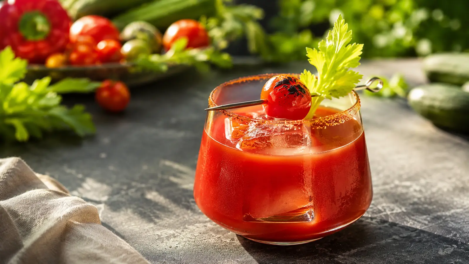 Crimson vegan tomato cucumber and roasted pepper mocktail over a large ice cube with celery leaf and charred tomato garnish