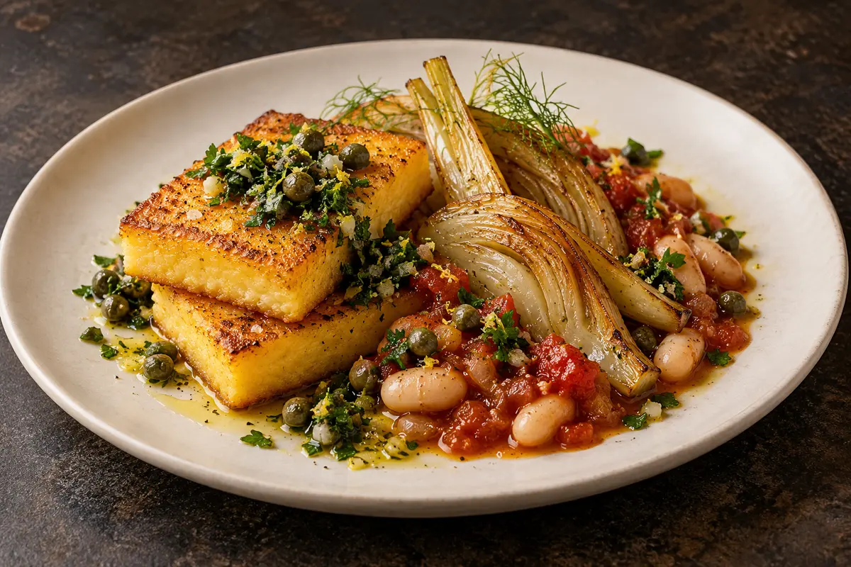 Crisp golden polenta with braised fennel, cannellini tomato ragout and lemon-caper gremolata on an ivory plate