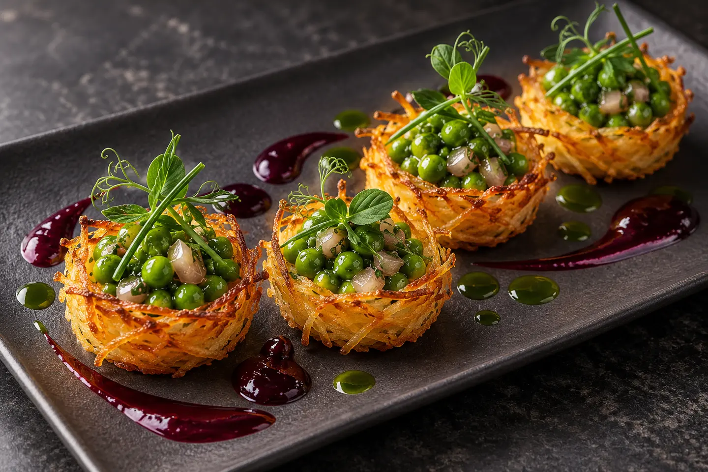 Fine-dining vegan crisp potato nests filled with tarragon peas, plated with blackcurrant-shallot glaze, chive oil and pea shoots