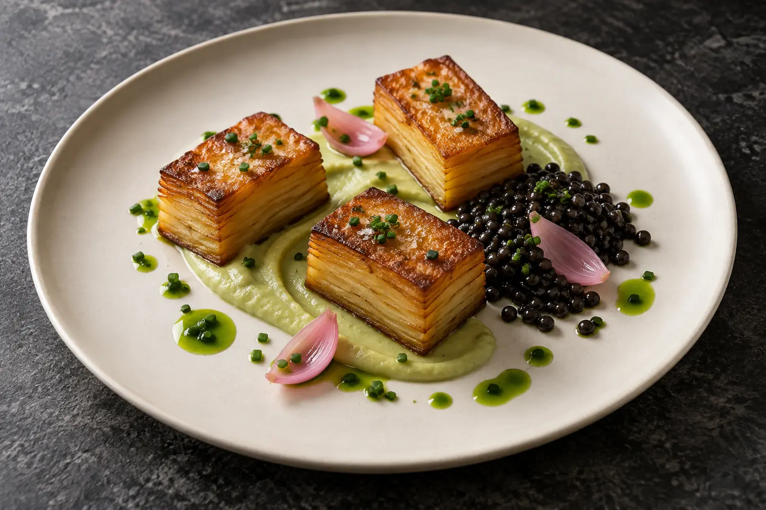 Crisp layered potato pavé with charred leek purée, black beluga lentils, green chive oil and pink pickled shallots on an ivory plate