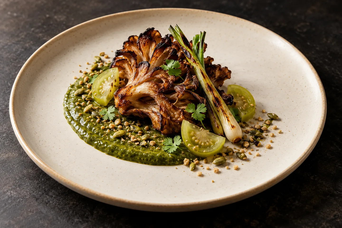 Crisp-roasted maitake mushroom over green pumpkin-seed mole with charred scallions, pickled tomatillo and toasted pepitas on an ivory plate