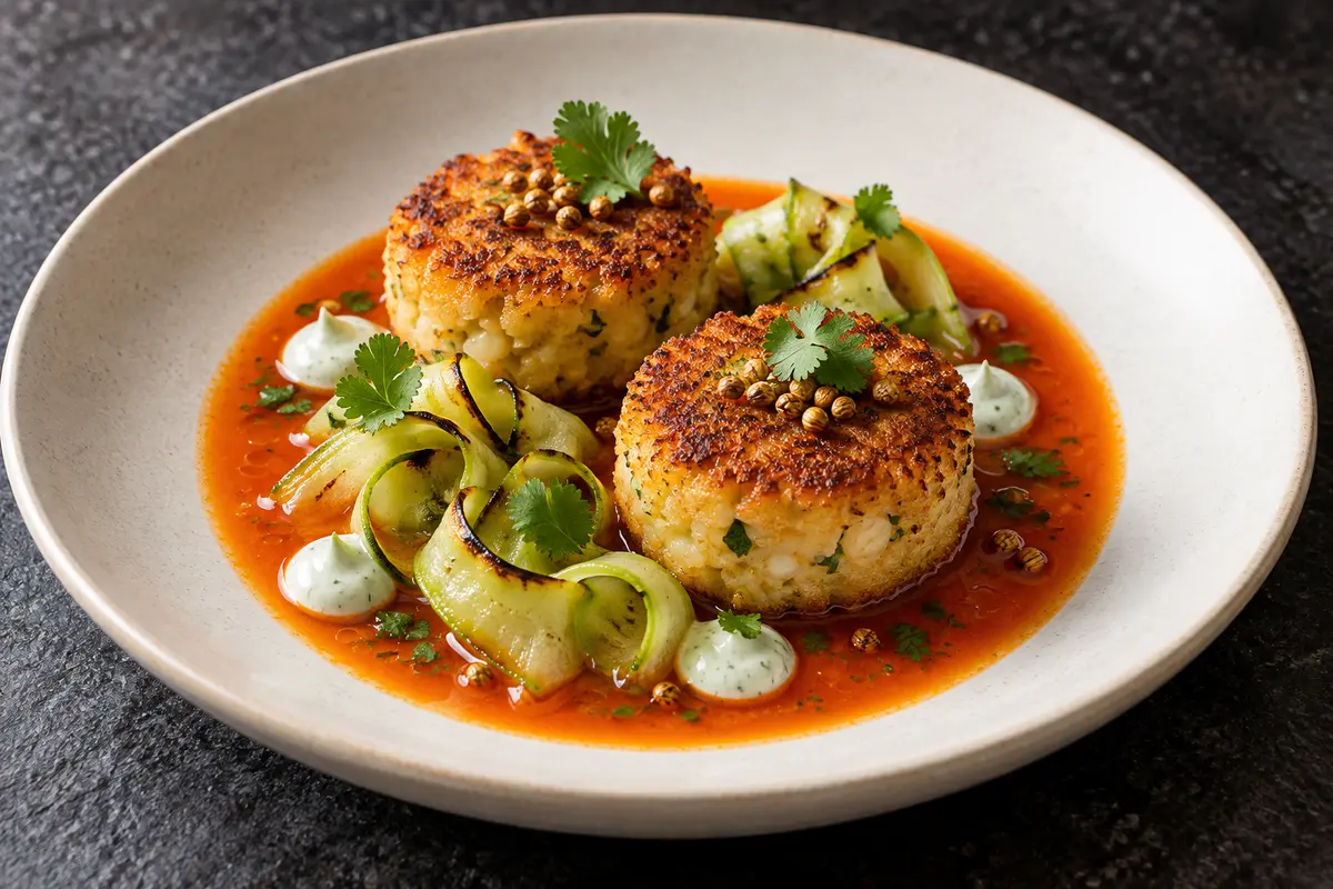 Crisp vegan yuca cakes in bright achiote tomato broth with charred chayote ribbons and cilantro-lime cream