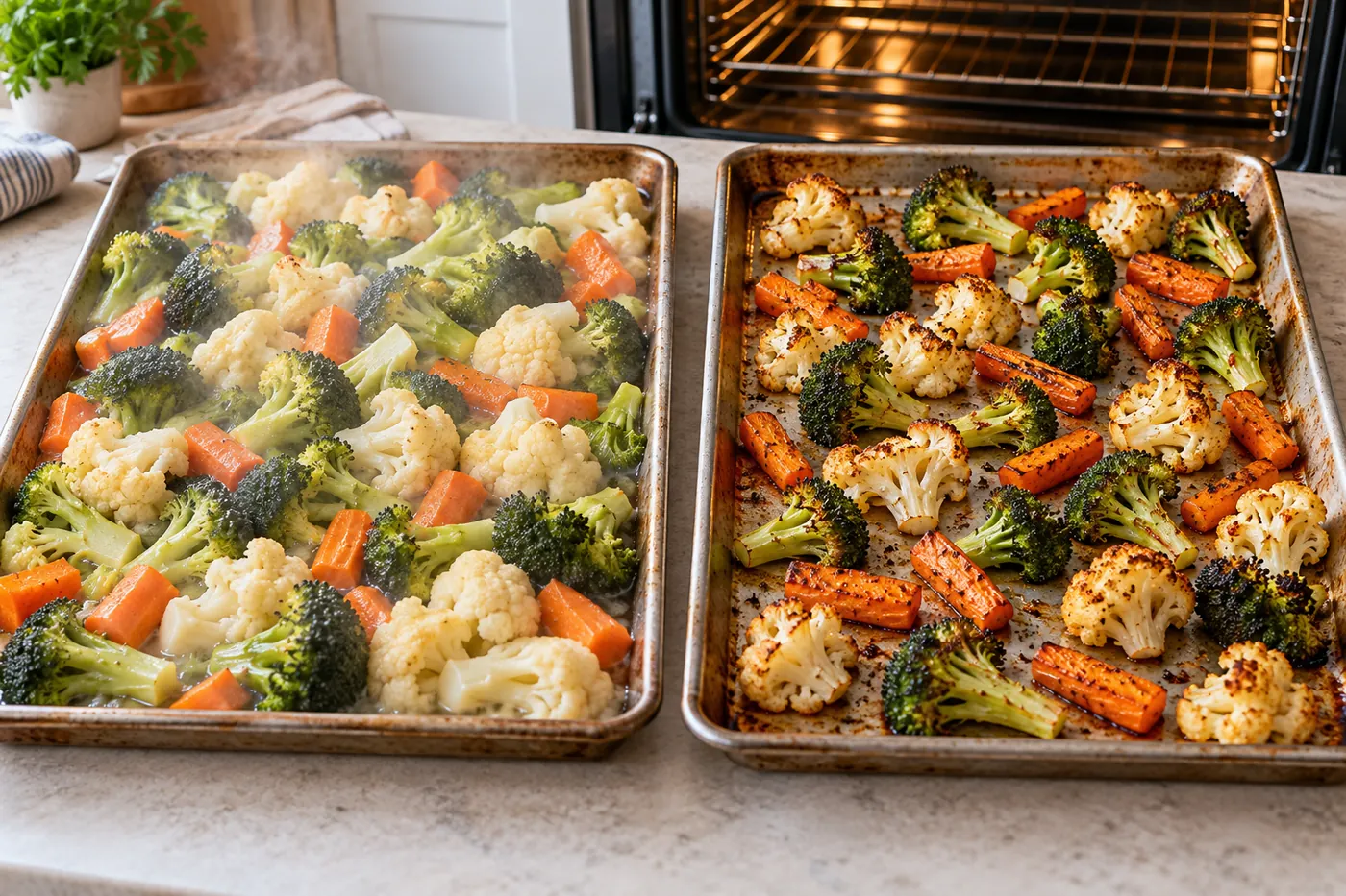 Two sheet pans compare crowded pale steamed vegetables with well-spaced roasted vegetables that have crisp brown edges