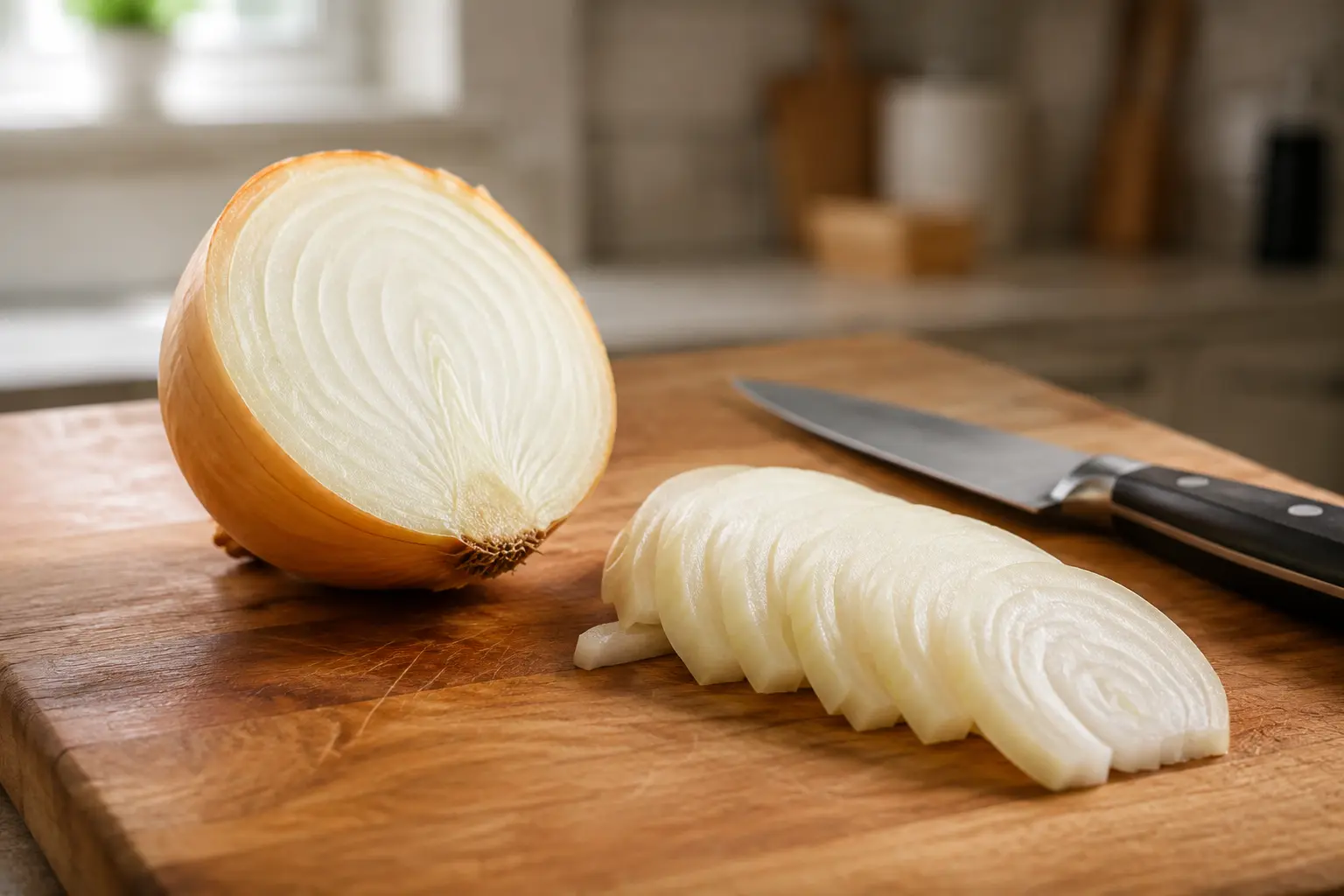 Halved and sliced yellow onion beside a chef's knife on a wooden cutting board in natural kitchen light