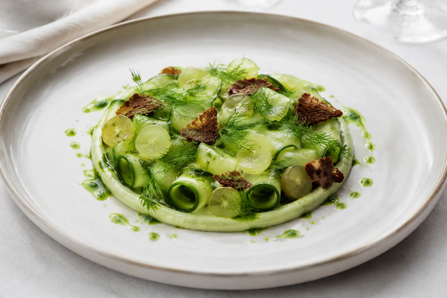 Cucumber ribbon mosaic over pale green almond cream with pickled gooseberries, dill oil and crisp rye shards on an ivory plate