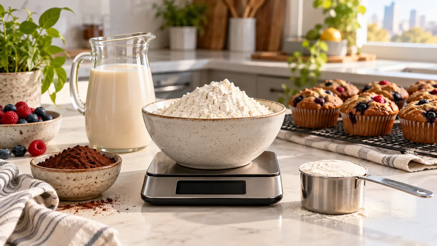 Digital kitchen scale holding a bowl of flour beside a measuring cup, cocoa, oat milk and vegan berry muffins