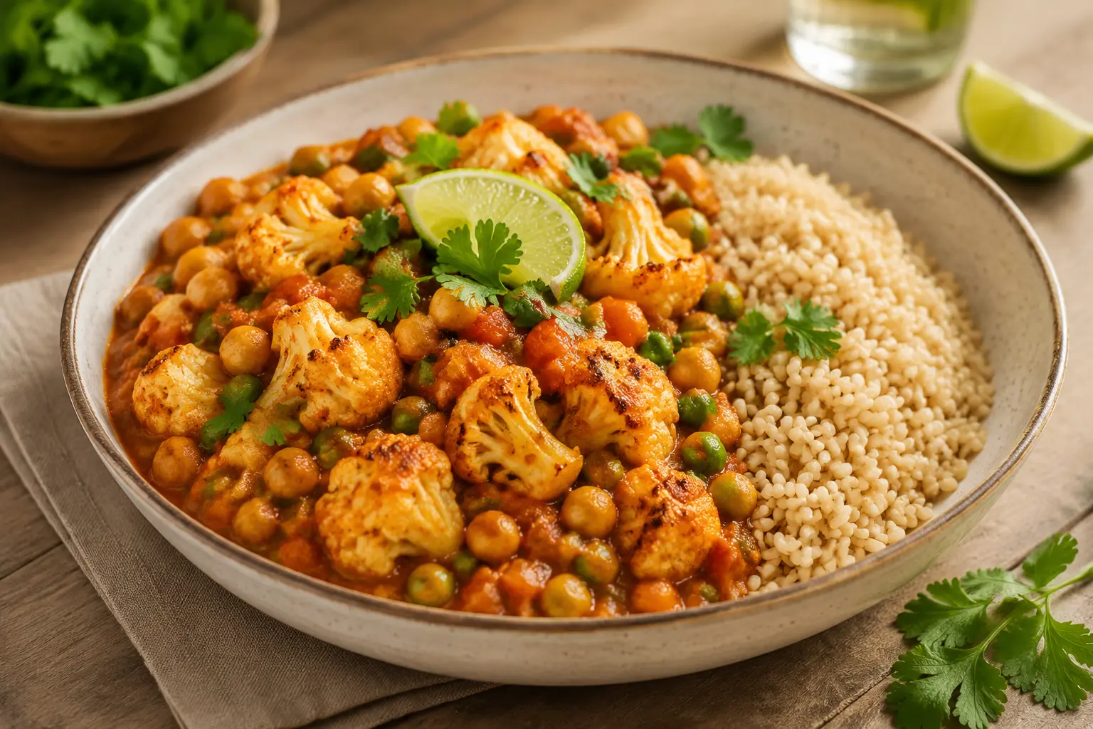 One-pot tomato coconut cauliflower and chickpea curry with green peas, couscous, lime and cilantro