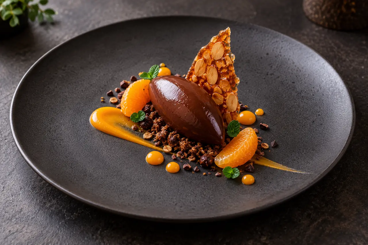 Vegan dark chocolate cremeux with espresso oat crumble, mandarin gel and almond brittle on a charcoal plate