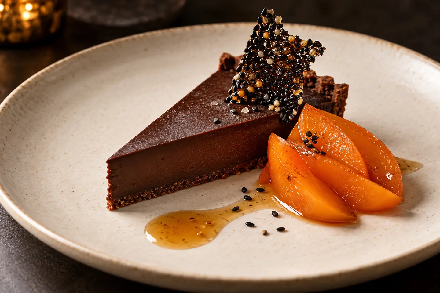 Vegan dark chocolate miso tart with maple-poached persimmon, black sesame brittle and ginger syrup on an ivory plate