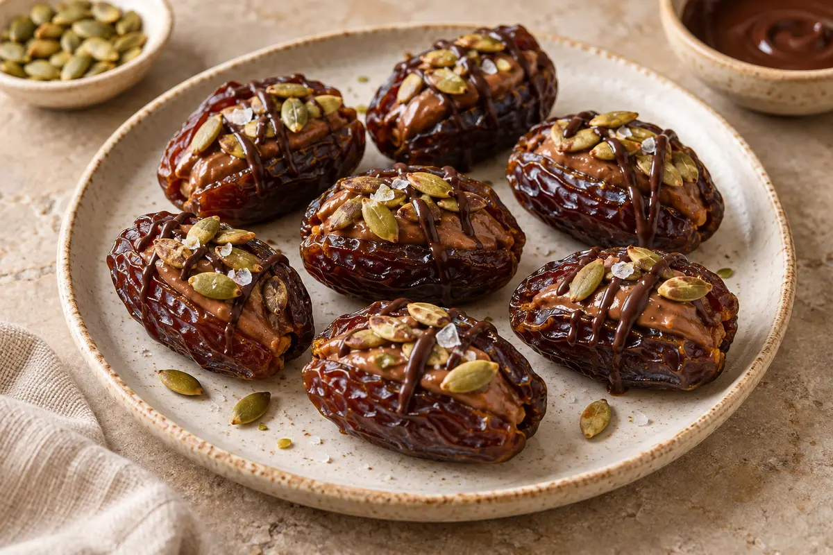 Cocoa-tahini stuffed Medjool dates drizzled with vegan dark chocolate and topped with toasted pumpkin seeds on a ceramic plate