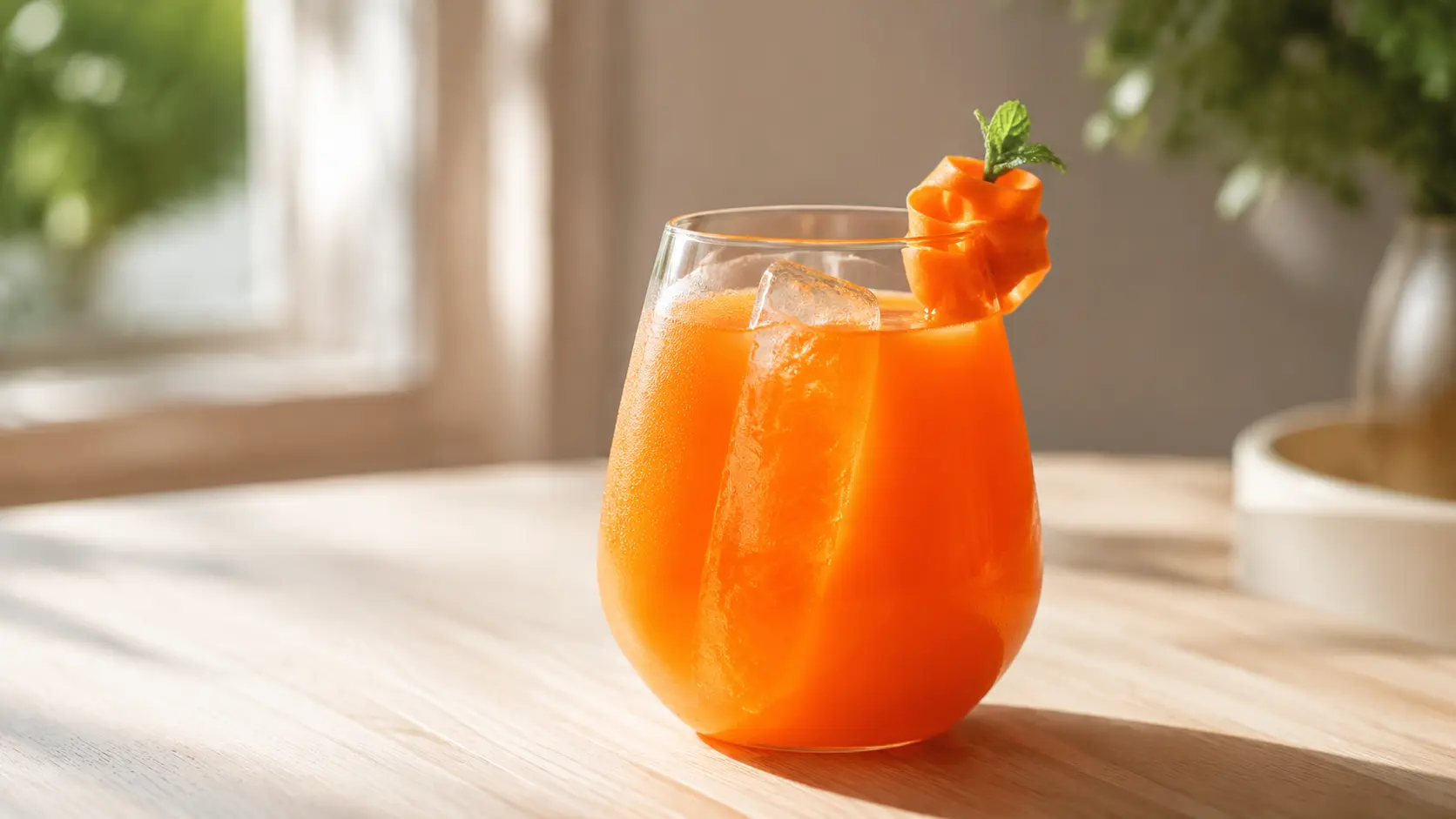Vivid orange carrot, mandarin and cardamom vegan mocktail over a clear ice spear with a curled carrot ribbon and mint