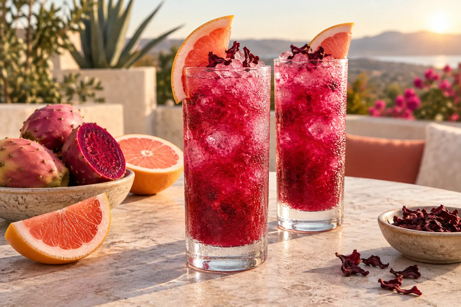 Two jewel-magenta prickly pear and hibiscus granita highballs with grapefruit garnish and sparkling ice crystals on a sunlit patio table