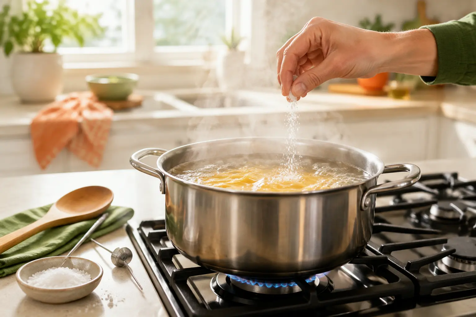 Salt being sprinkled into a steaming pot of pasta beside a kitchen thermometer and wooden spoon
