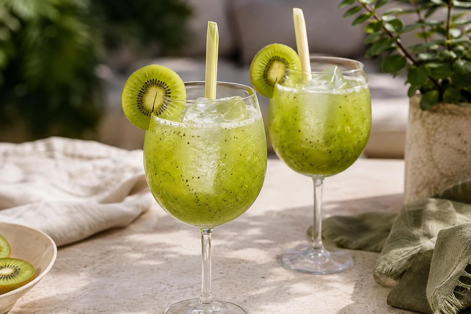 Two vivid green kiwi and lemongrass mocktails in stemmed goblets over clear ice with kiwi wheels