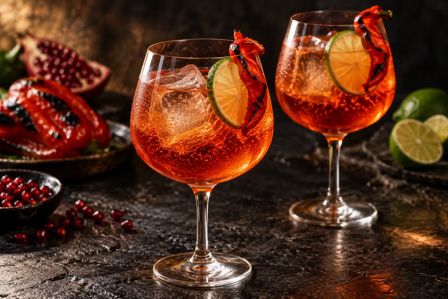 Ember Atlas roasted red pepper, pomegranate and smoked tea vegan mocktails in chilled stemmed goblets with lime and charred pepper garnish