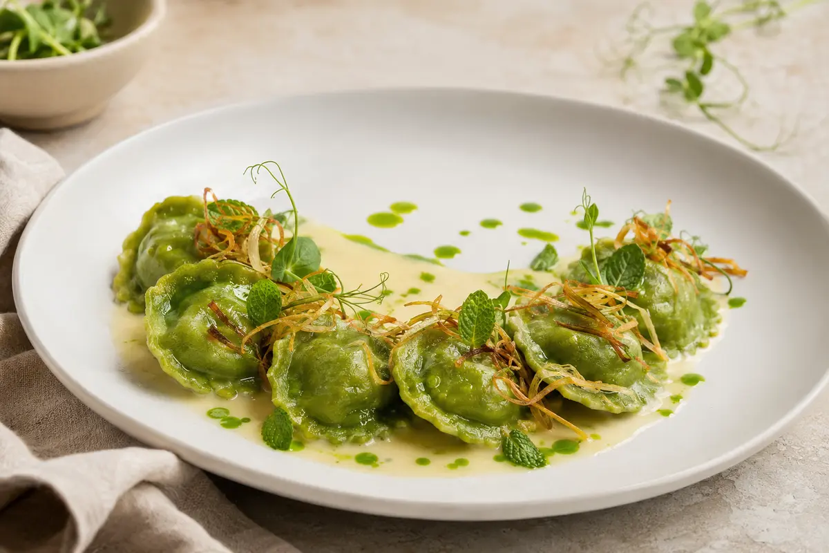 Emerald pea-and-mint agnolotti with lemon emulsion, crisp leek ribbons, pea shoots and herb oil on a white fine-dining plate.