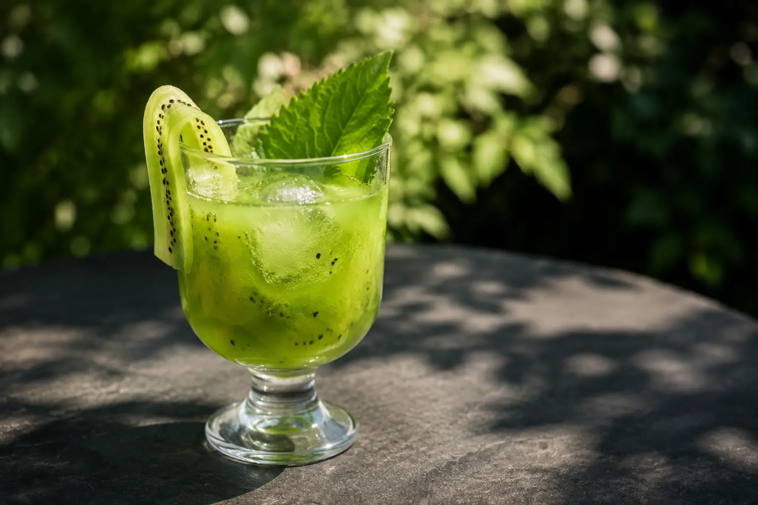 Emerald green kiwi and shiso vegan mocktail in a footed goblet with clear ice and a kiwi ribbon garnish