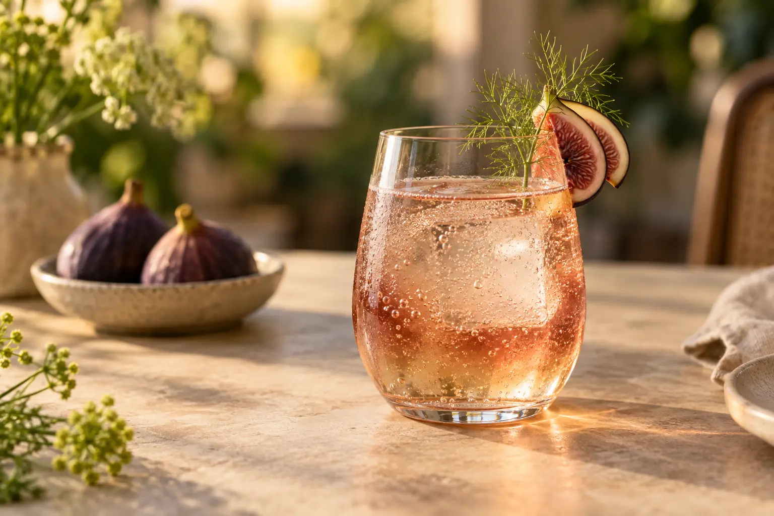 Roasted fig and fennel vegan mocktail with white verjus, sparkling water, a clear ice cube and fresh fig garnish