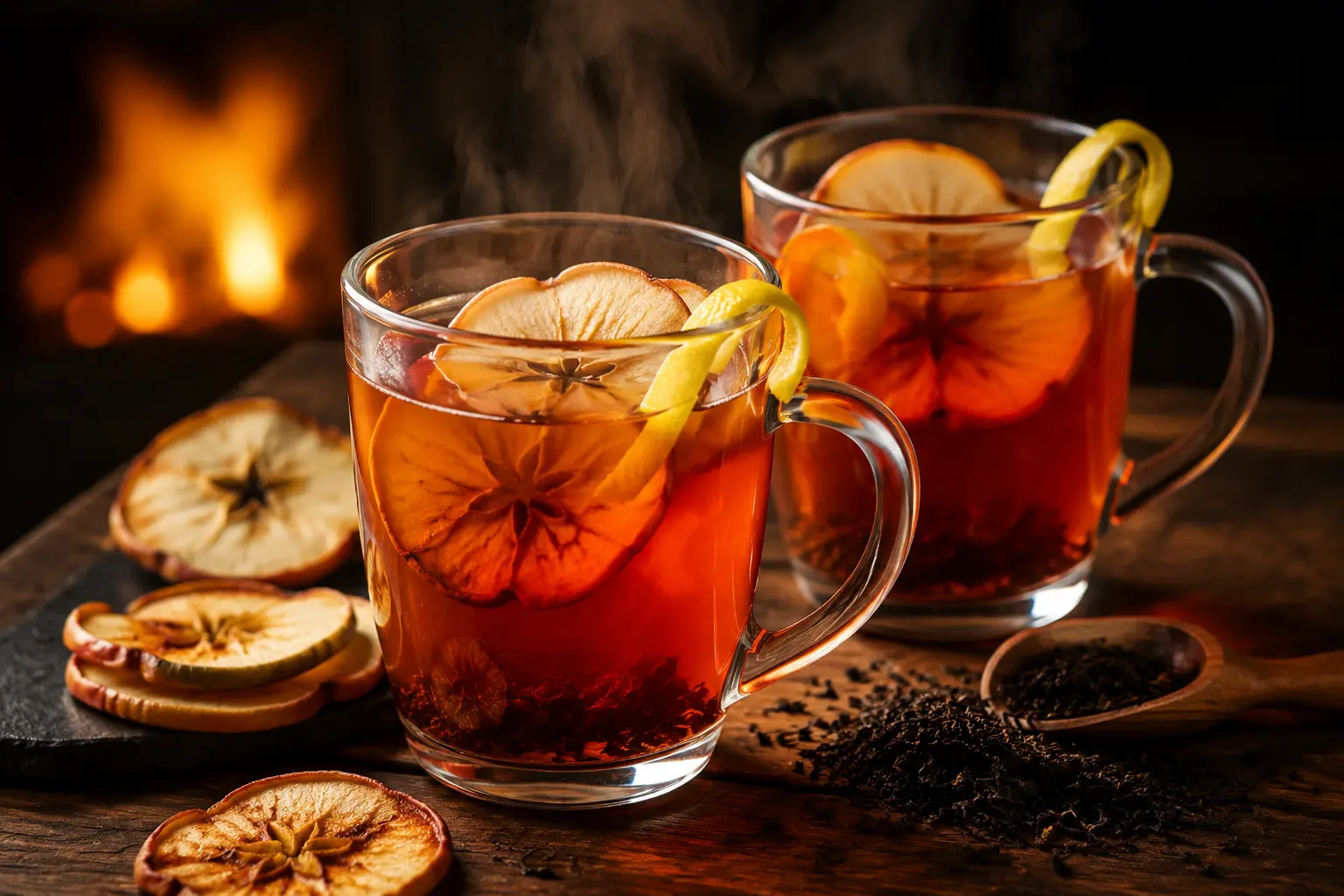 Warm amber roasted apple and smoky tea mocktail steaming in two clear heatproof mugs with dried apple garnish