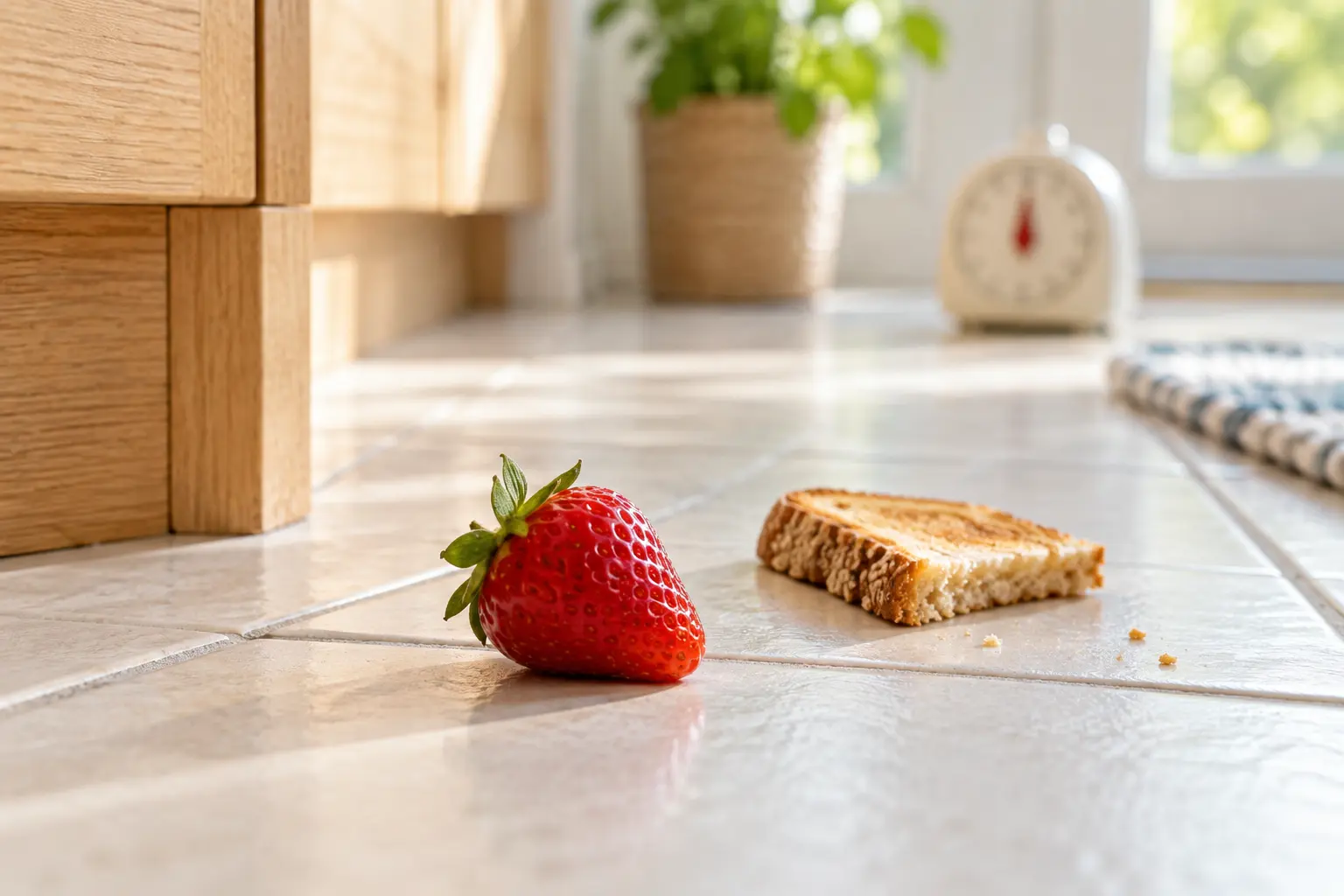 Fresh strawberry and toast resting on a clean tiled kitchen floor with a blurred analog timer in the background