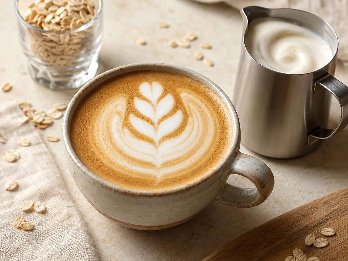 Creamy oat milk latte with leaf-shaped microfoam art beside a stainless-steel frothing pitcher and scattered oat flakes.
