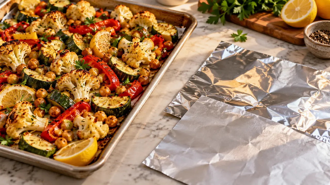 Roasted cauliflower, peppers, zucchini and chickpeas beside shiny and matte sheets of aluminum foil