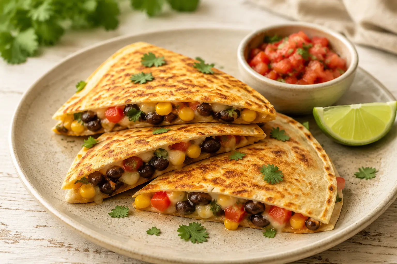 Golden vegan black bean and corn quesadilla wedges with red pepper, salsa and lime on a ceramic plate