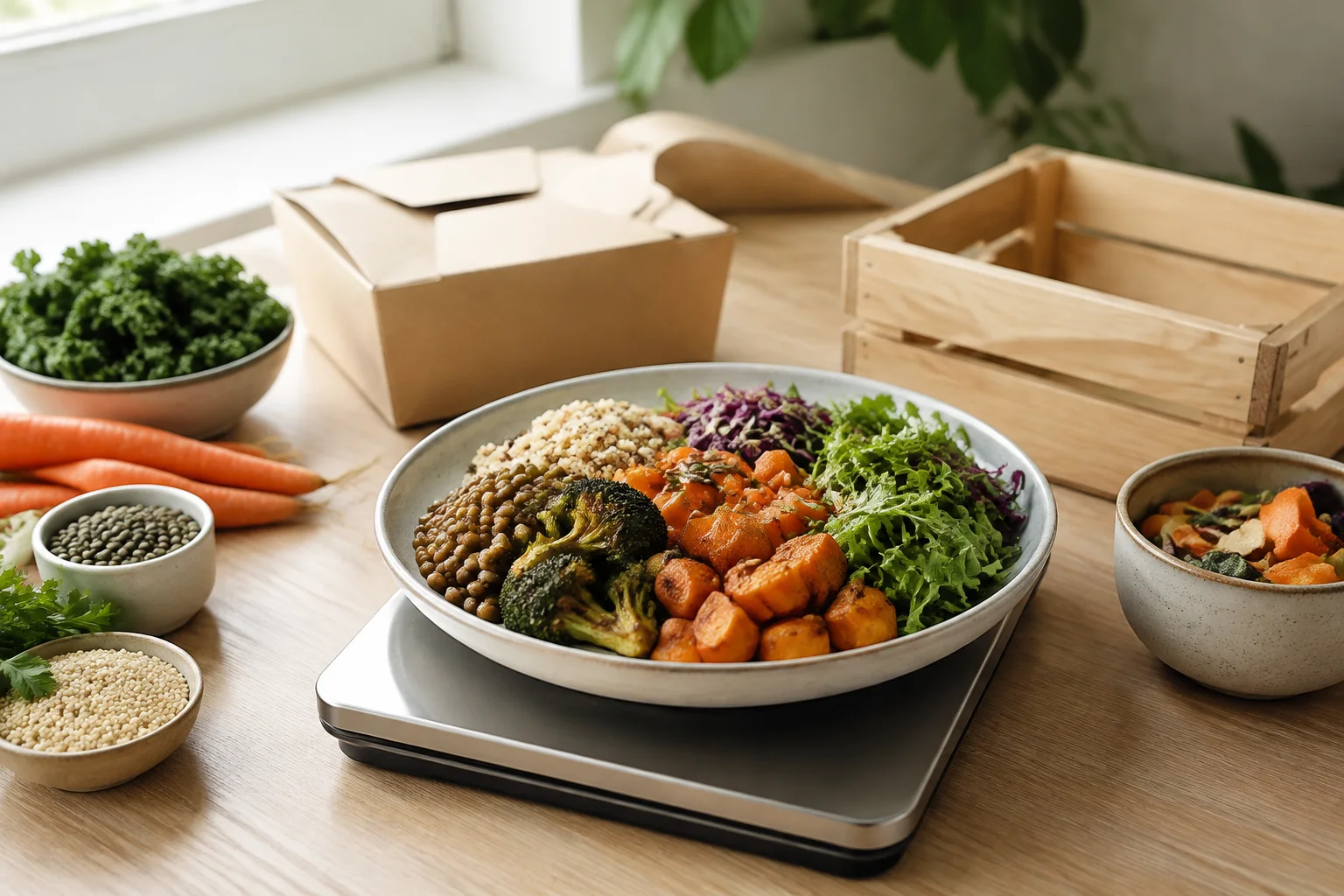Colourful vegan meal on a kitchen scale with raw ingredients, plain packaging and a produce crate representing food life-cycle stages