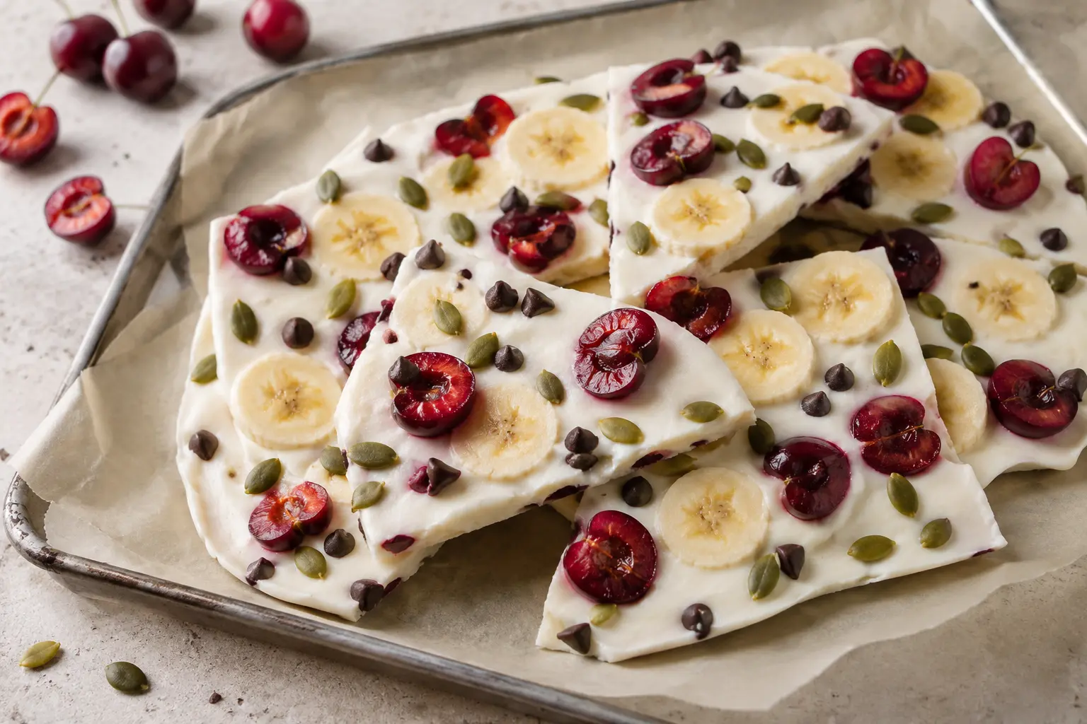 Vegan banana cherry yogurt bark with dark chocolate chips and pumpkin seeds on a parchment-lined tray