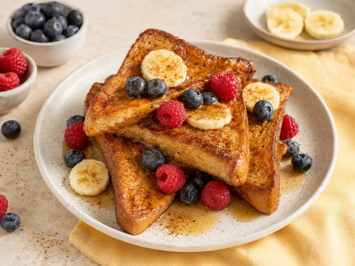Golden vegan cinnamon-banana French toast topped with blueberries, raspberries, banana slices and a light maple syrup drizzle.