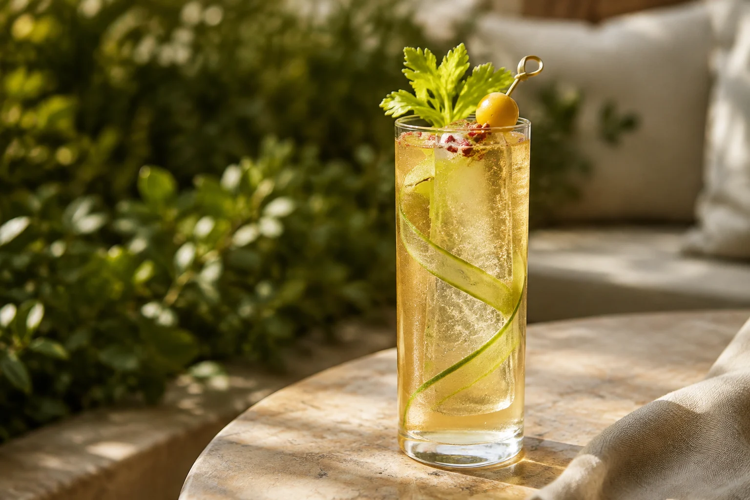 Golden tomato and celery highball with a clear ice spear, celery ribbon, celery leaves and pink peppercorn garnish