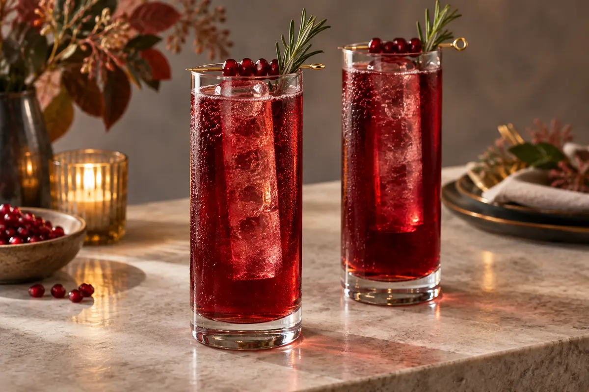 Two alcohol-free garnet pomegranate rooibos shrub highballs with clear ice, rosemary and pomegranate aril garnishes