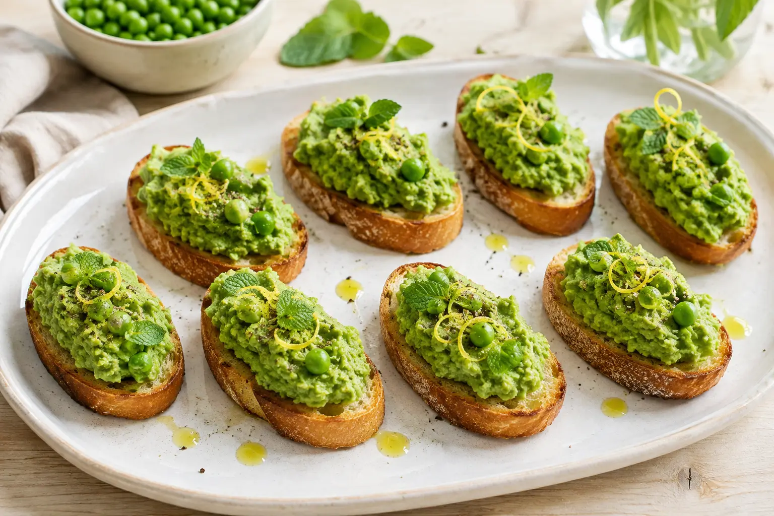 Minty green pea crostini with whole peas, lemon zest and fresh mint arranged on a pale ceramic platter
